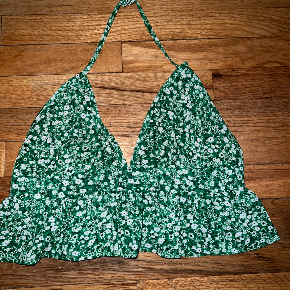 Halter green floral top with open back